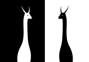 Contrasting visions of a tall necked mammal facing each other in a dichotomy of black and white