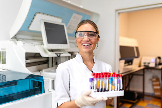 Laboratory assistant putting test tubes into the holder. Scientist doctor looking at blood test tube working at biochemistry experiment in microbiology hospital laboratory.