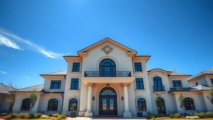 Elegant residence entrance with architectural details under a clear blue sky, exuding luxury.