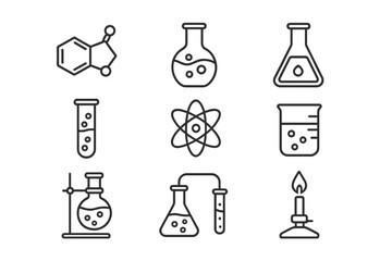 Chemistry line icon set. Science and education symbols. Laboratory equipment for experiment, research. Vector collection of flask, beaker, test tube, atom, molecule, burner.