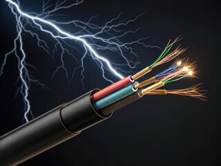 Black Electrical Cable With Exposed Multi Colored Wires Sparking Under Dramatic Studio Lighting