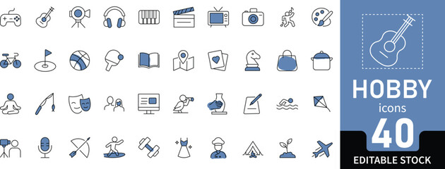 Entertainment, Hobby and Lifestyle Line Icon Set. Collection of 66 editable outline icons featuring music, movies, games, art, travel, and leisure. Perfect for web, apps, and creative projects. Linear
