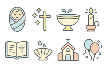 Christening ceremony icon set. Baby baptism celebration symbols. Vector line art illustration for religious rituals. Christian church event graphics with cross, font, candle, bible.