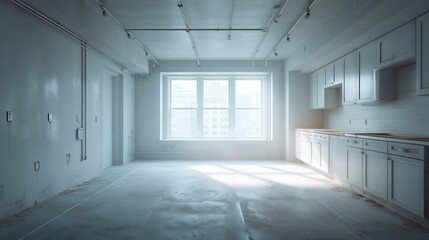 Spacious, empty apartment kitchen with sunlight streaming through large windows, showcasing modern cabinetry and industrial style elements.