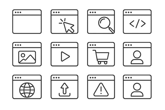 Web page line icon set. Browser window outline signs for graphic and web design. Vector symbols for UI, UX, apps. Website elements like search, cart, user, code, video player.