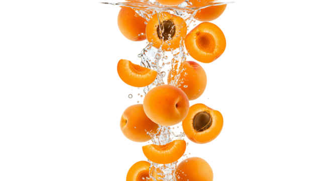 Apricots falling in water splash transparent background fruit image - Powered by Adobe