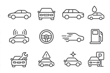 Car service and maintenance icon set. Vector line icons for automobile repair, gas station, parking, car wash, driving and warning signs. Editable stroke pictograms for web.