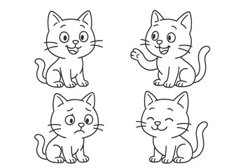 Obraz premium Cute cartoon cat character set with different emotions. Vector line art illustration. Happy, sad, waving, smiling kitty. Adorable animal mascot for kids. Kawaii style.