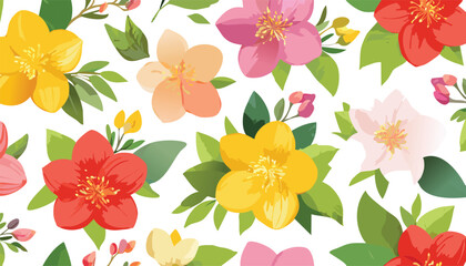 Vibrant floral pattern with yellow red pink and orange blossoms flowers petals