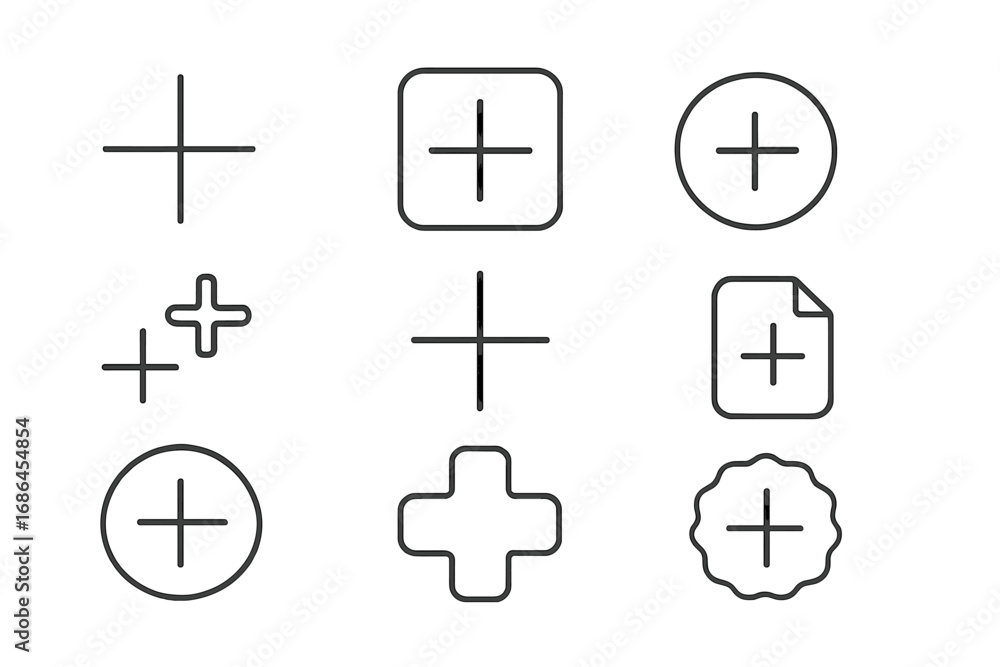 Fototapete plus sign thin line icon set. add button, new document and create symbol collection for web design a