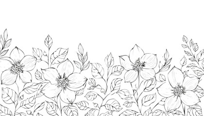 Delicate floral illustration with blooming flowers and leaves black and white line art