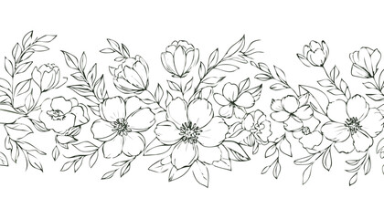 Delicate floral border with blooming flowers and leaves botanical illustration line art