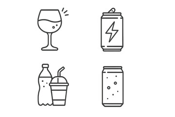 Drink and beverage line icon set. Outline vector collection of wine glass, energy drink, soda can, and soft drink bottle. Simple symbols for menu, web, app, infographics design.