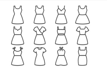 Woman dress line icon set. Vector collection of female clothes, fashion apparel symbols. Summer sundress, casual wear outline pictograms for website, app, boutique, logo design.