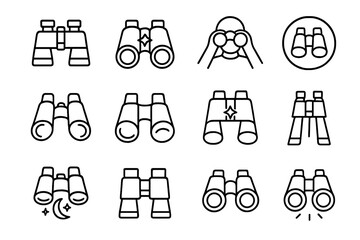 Binocular line icon set. Vector outline pictograms for vision, search, and discovery. Spyglass and field glass symbols for observation, exploration, travel, and business.