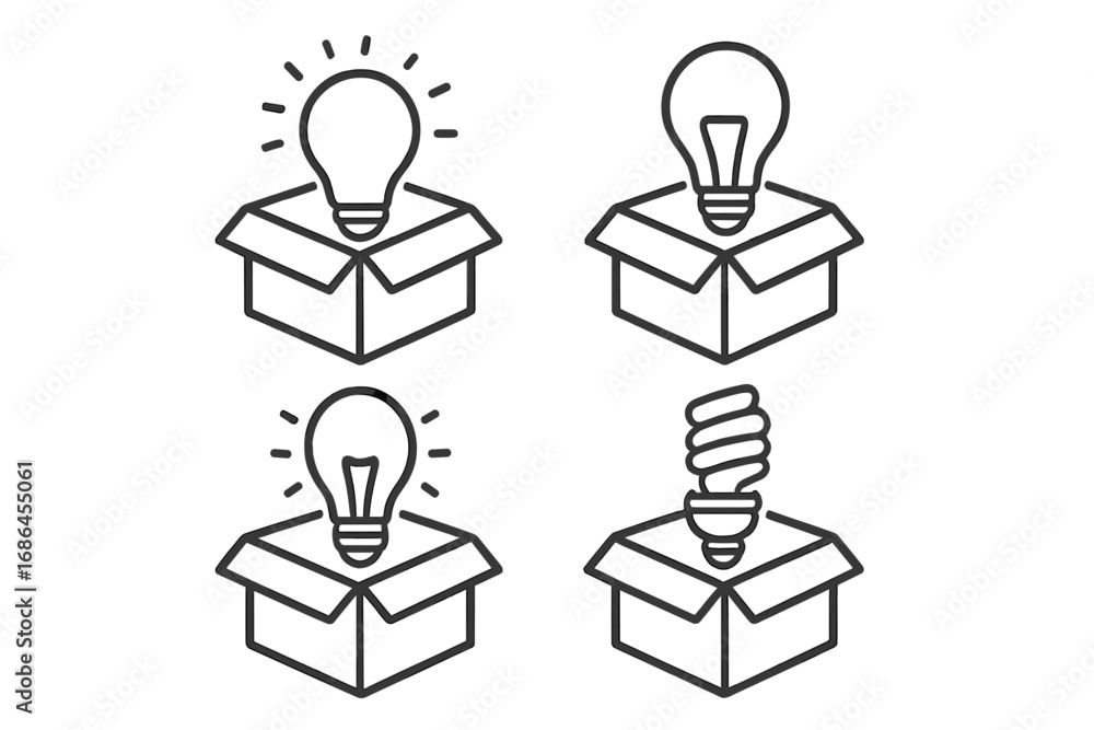 Poster think outside the box concept line icon set. light bulb in a box for new ideas, creativity, innovati