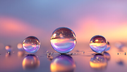 3D render of three large water droplets on the surface