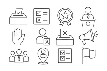 Election and voting thin line icon set. Politics, democracy, and campaign symbols. Ballot box, vote, debate, candidate vector icons for web, app, and infographics design.