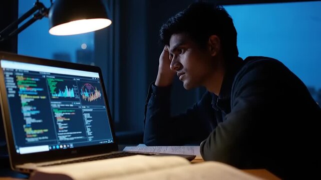 Focused young programmer working late at night on a complex coding project, illuminated by desk lamp, analyzing data his laptop.