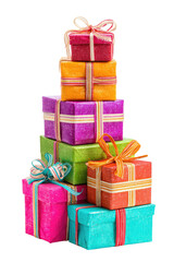 Stack of colorful gift boxes, festive and cheerful.  Stacked gift presents in vibrant hues, with ribbons.  Presents in various shades
