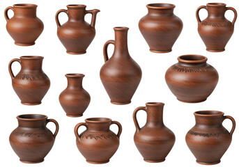 Collection of brown clay pots and jugs on transparent background