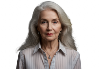 Mature woman with gray hair isolated on transparent background