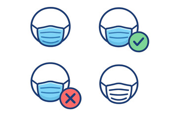 Medical face mask icon set. Wear mask sign. Correct and incorrect usage symbols with check mark and cross. Face covering required. Thin line vector for web and apps. Safety concept.