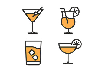 Cocktail and drink icon set. Linear icons with color. Martini, margarita, whiskey on the rocks. Bar menu pictogram for web, app, graphic design. Vector illustration.