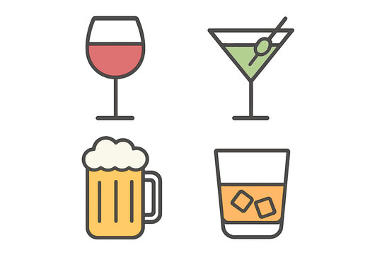 Alcohol drinks icon set for bar menu. Wine, beer, cocktail martini and whiskey glass icons. Minimalist flat outline vector illustration for web design, apps, and infographics.