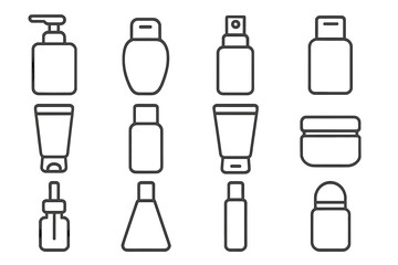 Fototapeta premium Cosmetic package line icon set. Skincare product container collection. Shampoo bottle, cream tube, spray, lotion dispenser, serum dropper, jar. Editable stroke vector illustration.