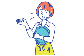 インカムで案内するエプロン姿の店員