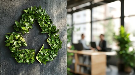 A recycle symbol made of leaves on a wall with people working in the background in an office space