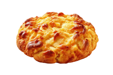 Close-up of a round, golden-brown baked good.  The pastry has a slightly rough, craggy texture, with visible pieces of filling, possibly fruit.  It appears to have a light, flaky exterior