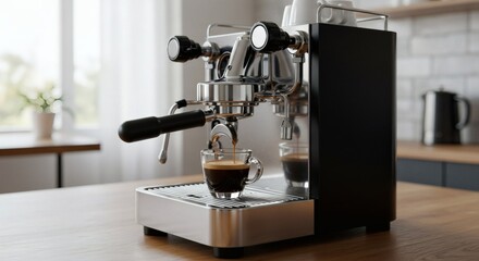 Close-up of a sleek black and chrome espresso machine brewing fresh coffee into a glass cup on a wooden kitchen counter.