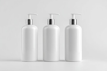 Three blank white plastic pump bottles,  standing upright on a plain light gray surface.  Clean, modern, and minimalist design