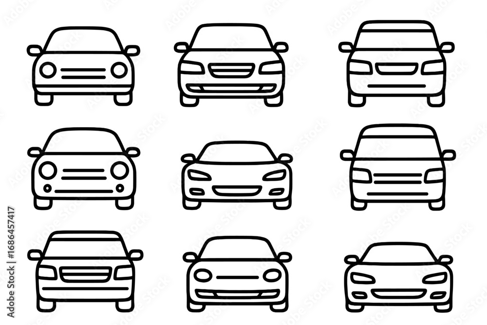 Poster car icon set front view. vehicle line art collection for ui ux design. automotive transport symbols 