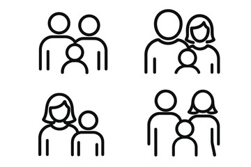 Family outline icon set. Simple pictograms of parents with child. Includes diverse family structures, single parent, and couple. Vector symbols for graphics, UI, apps, parenting.