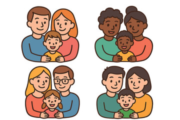 Diverse family icon bundle. Set of vector cartoon illustrations showing parents with child. Includes multi-ethnic happy families for graphics, web design, apps and concepts.