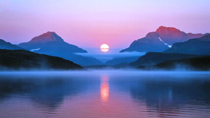 Obraz premium Red Moon Serene sunrise paints majestic mountains and tranquil lake with soft mist and vibrant hues, evoking peace and natural beauty for your next project.