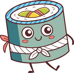 Vector art of cute cartoon sushi roll character with a happy face and arms and legs