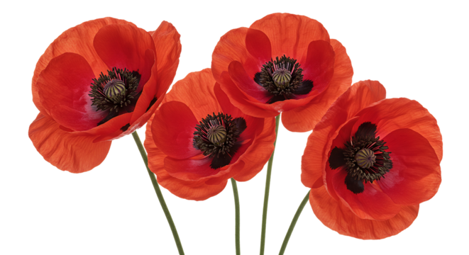 Red poppies flowers on transparent background floral design element