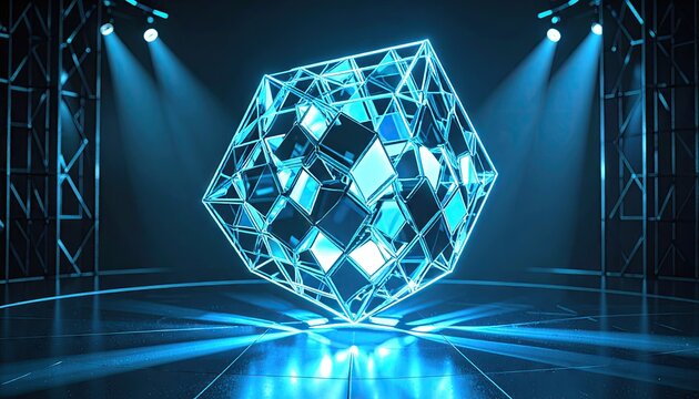 Spinning Blue Holo Cube Lattice on Dark Stage