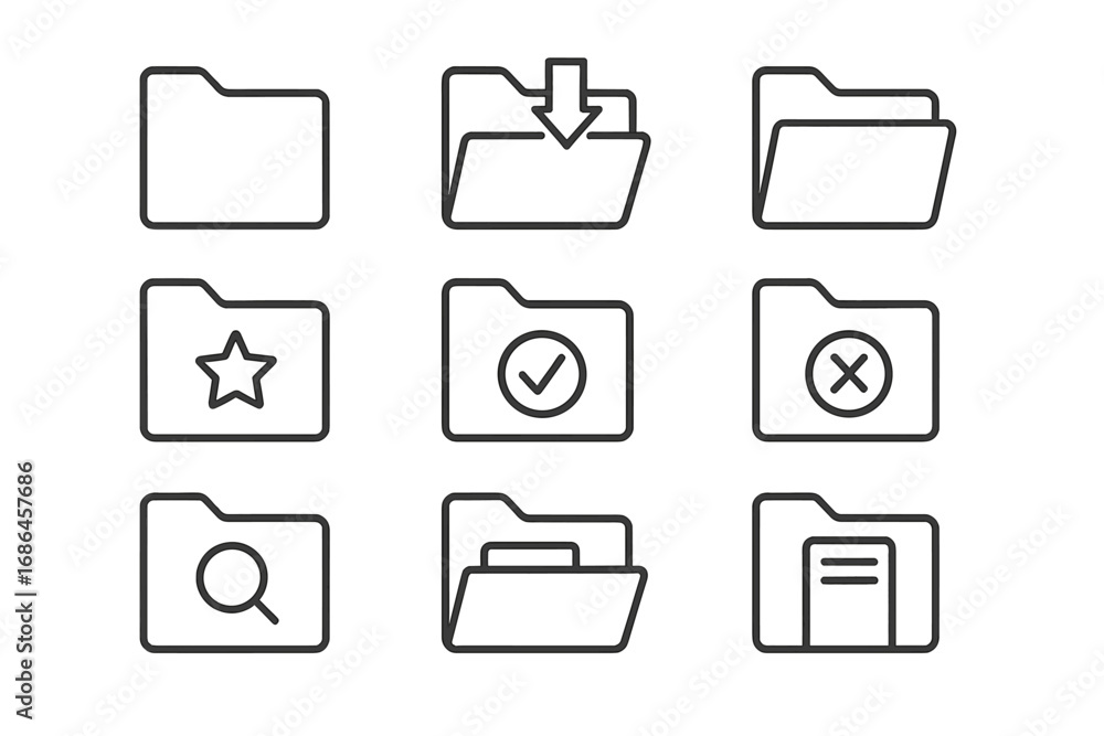 Poster folder line icon set. file, document management symbols. minimal linear pictogram collection for web