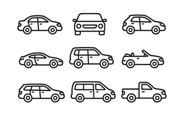 Car line icon set. Various transport vehicle symbols like sedan, SUV, pickup, convertible and van. Editable stroke vector collection for web, UI design and apps.