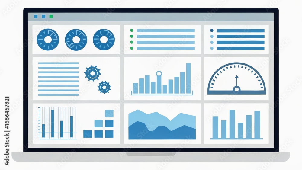 Fototapete dashboard interface displaying various data visualizations in blue tones, including graphs, charts, 