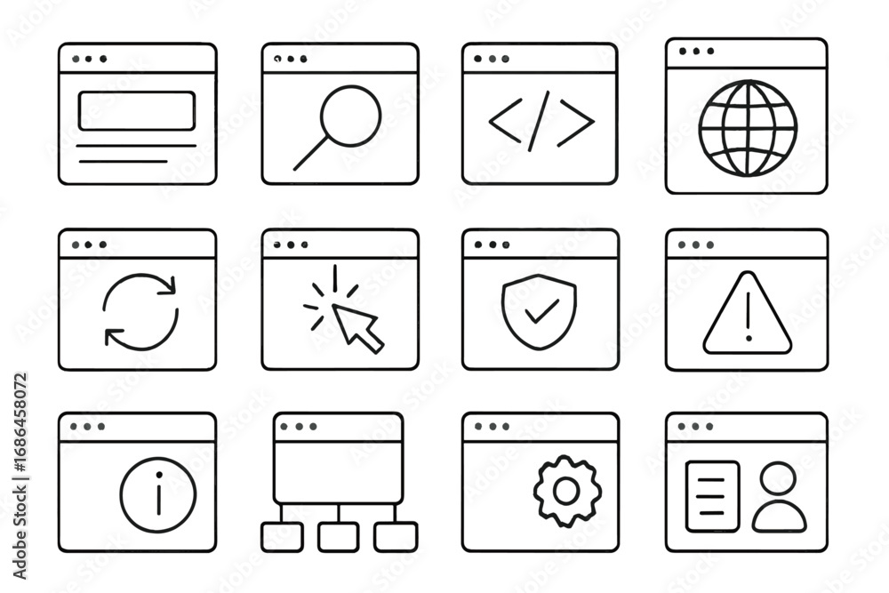Poster web browser thin line icon set. website interface outline signs. internet, search, code, security, s