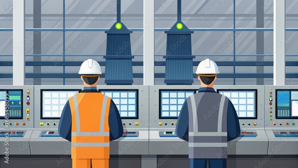 Aufkleber two workers in safety gear operating machinery in a control room, focused on screens displaying data