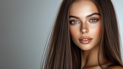 Fototapeta premium Portrait of a beautiful woman with long brown hair and striking blue eyes on a gray background
