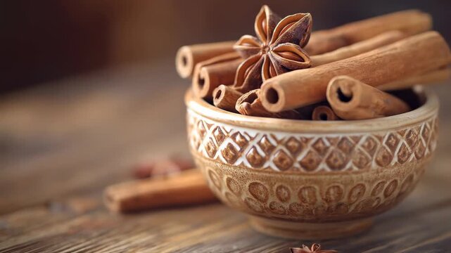Spices cinnamon sticks & star anise in patterned bowl on wood surface