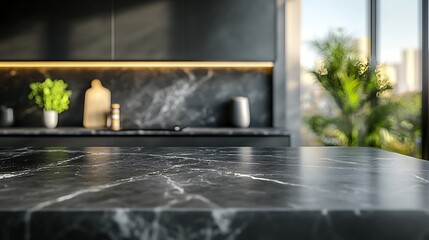 A modern kitchen with black marble countertops and cabinets and a view of greenery outside the window